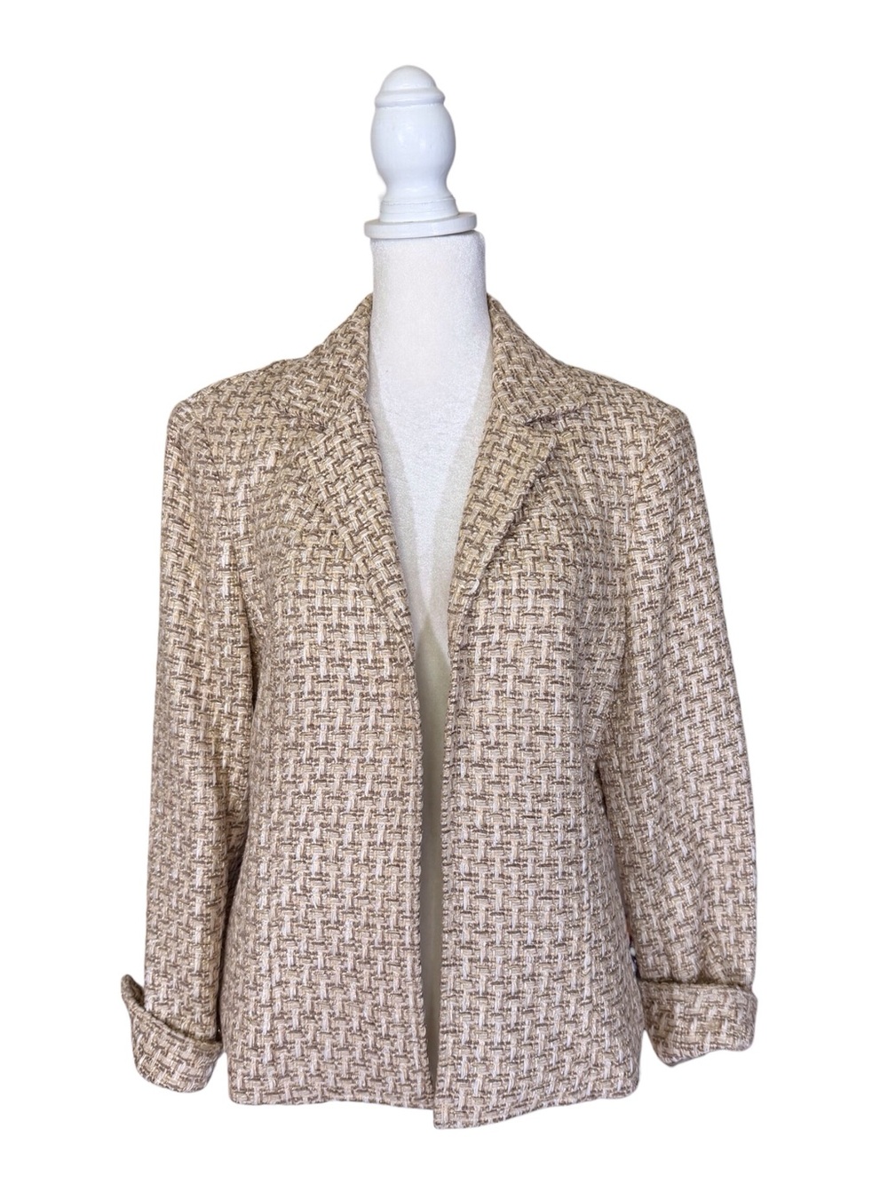 Talbots Petites Beige woven Tweed satin lined Open-Front Blazer women’s size 10P